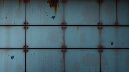 Stylized sci-fi metal wall texture featuring hand-painted blue panels with rust details, rivets, and grunge for game art background or industrial futuristic design