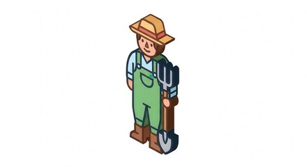 Obraz premium Pixel Art Farmer Holding Gardening Tools in Bright Vegetation Scene