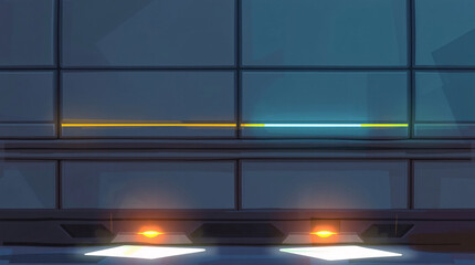 Stylized Blue Sci-Fi Interior Wall Texture with Glass Panels, Neon Strip, and Floor Lights, Hand-Painted Game Art Style Background