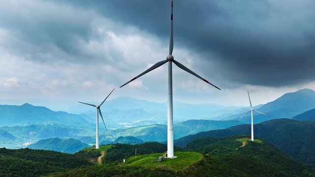 Aerial view of wind turbine blades, renewable energy concept, standing over green mountain ridges.
