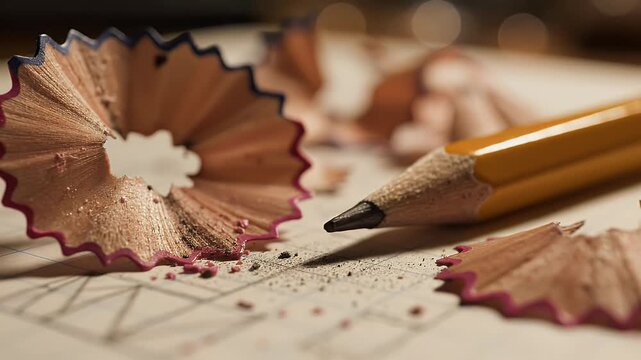 A close-up shot of a yellow pencil with wood shavings, pencil lead shavings on paper