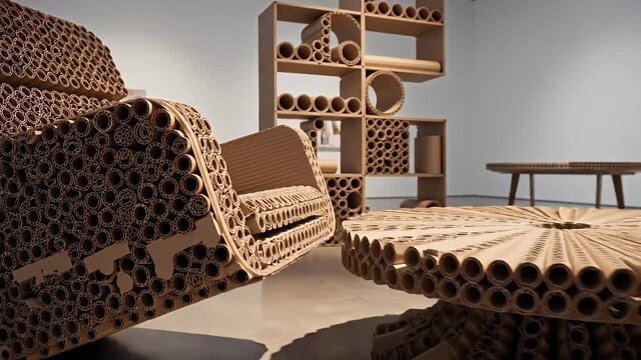 Innovative interior design features furniture built entirely of repurposed cardboard tubes and sheets