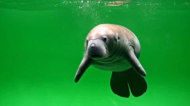 A manatee swimming gracefully underwater against a vibrant green background, showcasing its gentle nature and aquatic habitat.