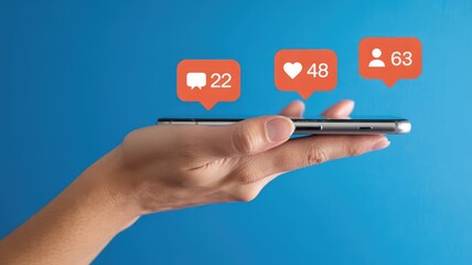 Hand holding a modern smartphone displaying social media notifications for comments likes and followers on a bright blue