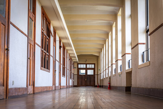Low Angle Old Fashioned Wooden Hallways of Toyosato Elementary School