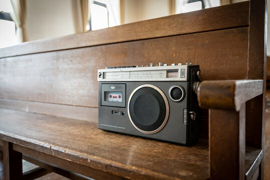 Retro Tape Player Boombox on old Wooden Bench