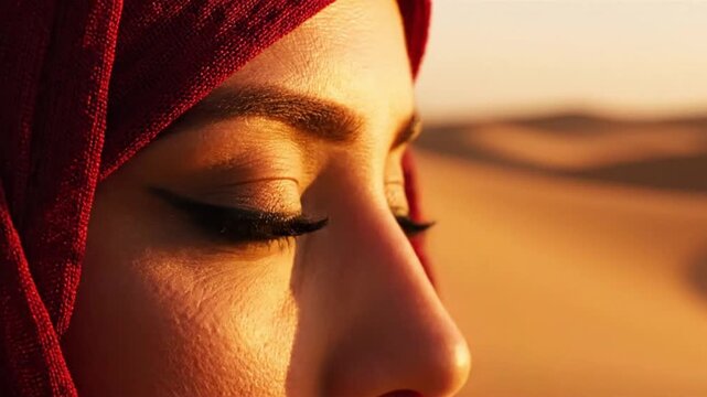 Beautiful young woman in red hijab gazing into the desert distance with warm sunlight casting shadows on her face and golden brown eyes.