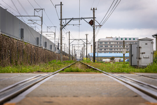 Rural Train Tracks in Shiga Japan, Low Angle at Toyosato Station