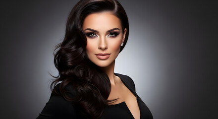 Naklejka premium Professional studio portrait of a beautiful brunette woman with long wavy hair