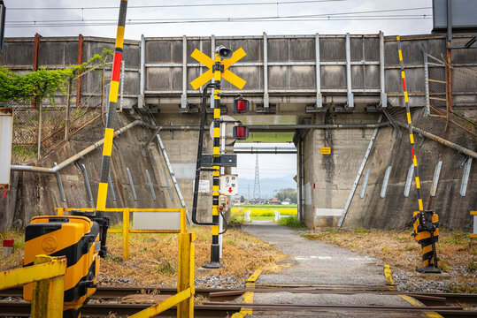 Rural Train Crossing in Shiga Japan, Toyosato Ohmi Tetsudo Line