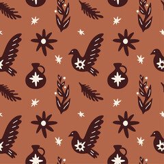 Abstract cutouts shapes seamless pattern design with vector illustration elements of different types exotic leaves and flowers, magical bird, plants silhouette in whimsical boho aesthetic