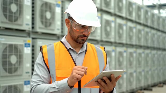 A male construction worker wearing a hardhat safety vest and goggles holds a tablet while inspecting rows of stacked outdoor HVAC units in an industrial warehouse setting.