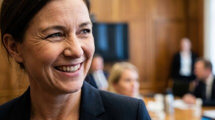 intelligence leader meeting emotional business concept. Smiling businesswoman in formal attire with colleagues in a meeting room background