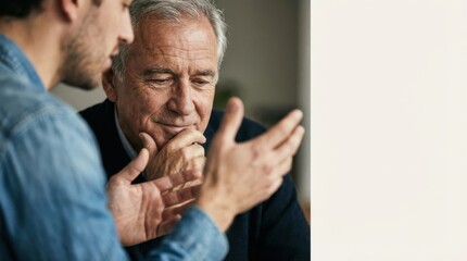 intelligence leader meeting emotional business concept. Two men engaged in a thoughtful conversation with expressive gestures.