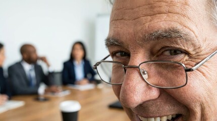intelligence leader meeting emotional business concept. Close-up of a smiling senior man with glasses in a business meeting room.
