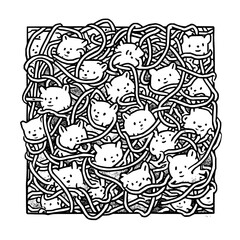 Obraz premium Playful Black and White Cartoon of Tangled Noodles Intertwined with Cute Cat Heads, Combining Food Imagery and Animals in a Whimsical, Humorous, and Imaginative Artistic Design
