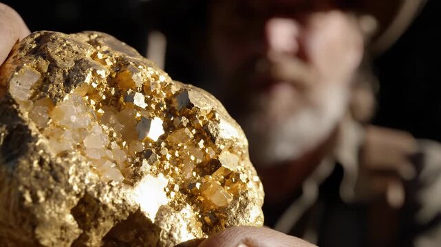 Miner holding rough gold nugget with quartz crystals, close-up, natural treasure discovery