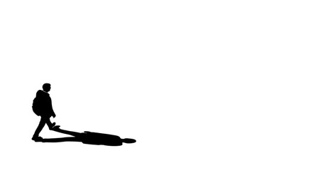Obraz premium Silhouette of a hiker walking with a long shadow on a white background.