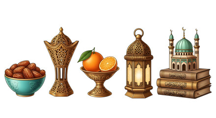 Ramadan Kareem icons set featuring dates bowl incense burner orange plate lantern and mosque atop holy quran books on transparent background