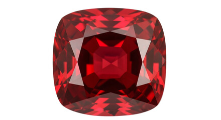 A shimmering cushion cut ruby gemstone in a rich red color, isolated on a transparent background ready for jewelry design
