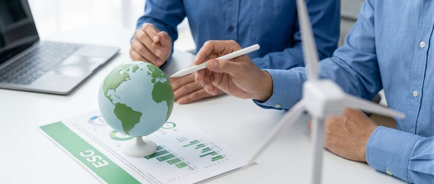 Close up of business team analyzing ESG investment report, hands pointing at data charts with wind turbine model and globe on desk, concept of green finance and sustainability strategy