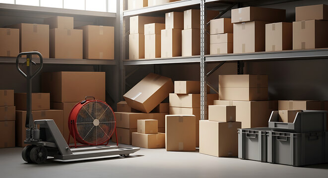 Efficient warehouse interior with numerous cardboard boxes stacked on shelves and floor, ready for shipping and inventory management in a modern logistics facility