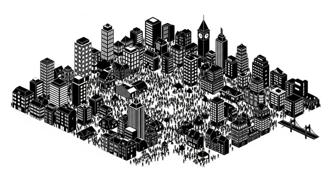 Detailed Isometric Cityscape Illustration with Numerous Buildings and Tiny People.