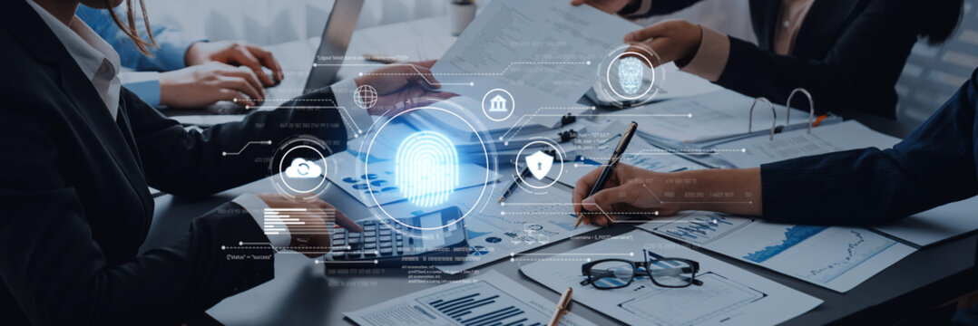 Business professionals collaborating with digital data and technology, analyzing reports and statistics, enhancing decision-making and strategy development in the office Trope.
