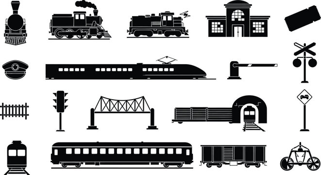 Train and Railway Icon Pack: Steam Locomotives, Modern Trains, Stations, and Infrastructure Elements