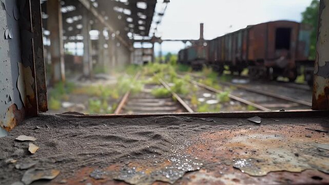 Rusty, abandoned train depot with tracks fading into the distance. Peeling paint and decay