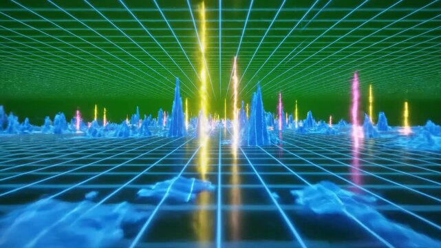 Abstract low poly landscape with grid and particle stream visualization