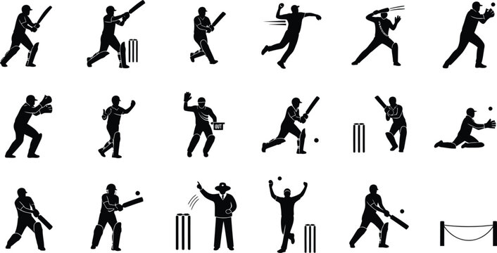 Cricket Player Silhouette Icons: Batting, Bowling, Fielding and Wicket Keeping Actions