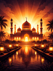 Golden Sunset Mosque Backlight Vector Background