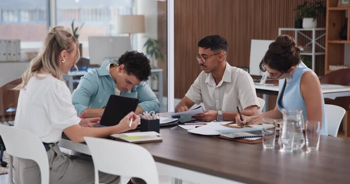 Laptop, meeting or people with paperwork in office, applicant screening or cv evaluation process. Explain candidate selection, pc or hr team with discussion for recruitment, resume review or writing