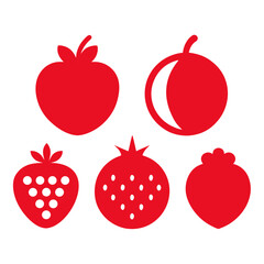 Flat Red Fruit Icon Set - Apple, Strawberry, Cherry