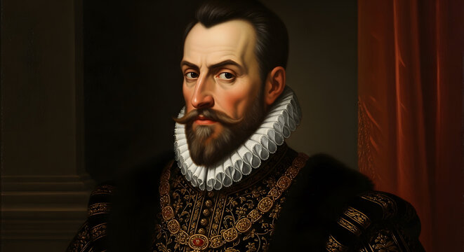 A classical portrait of a nobleman with a ruff collar and ornate gold chains against a dark backdrop