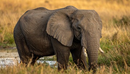 Fototapeta premium Majestic African elephant standing gracefully in the golden savanna landscape during a dry season