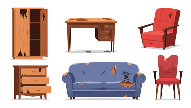 Assortment of old and dilapidated furniture items including a broken wardrobe, stained desk, torn sofa, and worn-out chairs in need of repair.