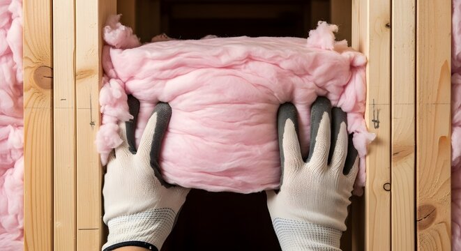 Close-up of hands installing fluffy pink insulation material between wooden framing in a building construction context.