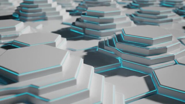 Abstract hexagonal platform structure with geometric design and blue light accent