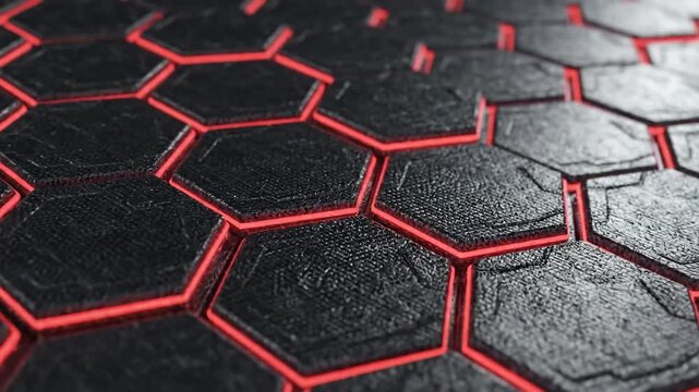 Abstract hexagonal pattern with glowing red lines and stone texture