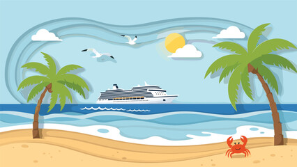 Fototapeta premium Beautiful tropical beach scene in paper cut style featuring palm trees, sand, ocean waves, sun, seagulls, and a cruise ship on the horizon.