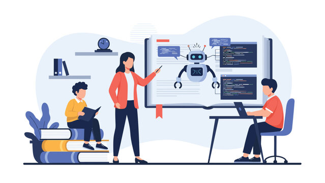 Teacher instructing students on robotics and programming using a large digital screen in a modern classroom setting.
