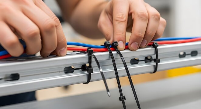 Hands neatly organizing electrical wires using black zip ties on a metal rack. Detail of cable management, IT infrastructure, and technology setup.