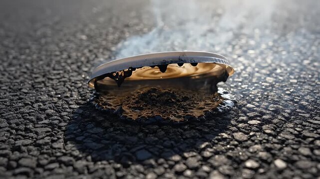 Close-up of a white cup lid on rough asphalt with smoke rising from beneath