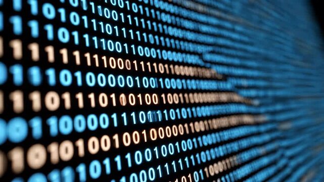 Abstract background of flowing digital binary code with blue and orange glowing lights. Represents data streams and technology concepts.
