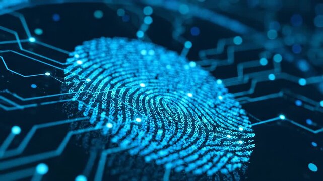 Close up of a glowing blue digital fingerprint composed of binary code against a dark background with circuit board patterns and glowing lights. Concept for technology and security.