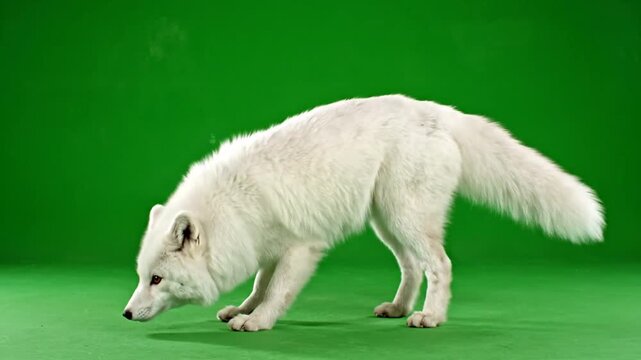 A beautiful white arctic fox with thick fur stands on a green screen background, looking down.