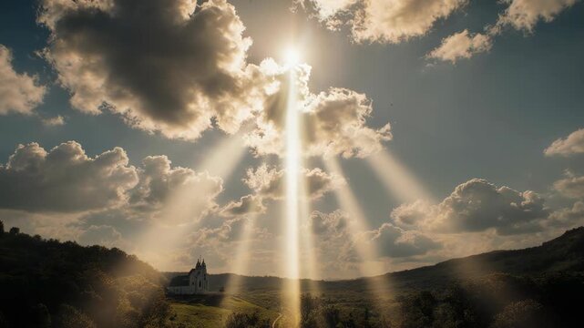Beautiful religious image, bright light from heaven, light of hope and happyness from sky.