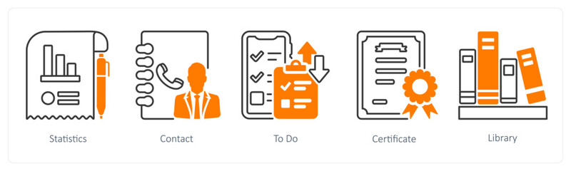 A set of 5 mix icons as statistics, contact, to do